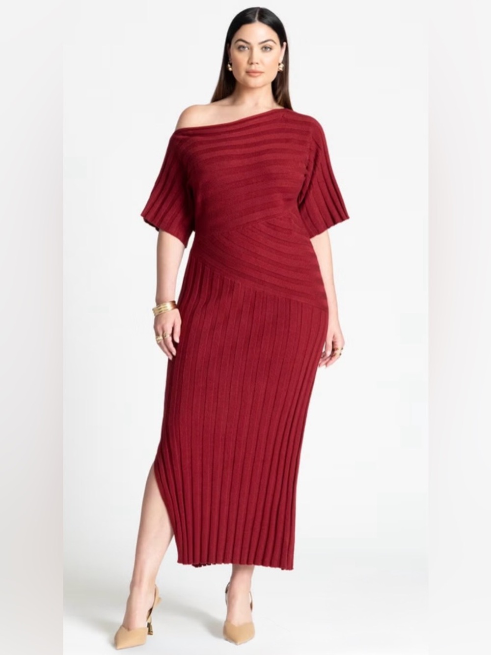 🔥New Eloquii Mixed Directional Rib Midi Burgundy/Red (Syrah) Dress Size 14/16